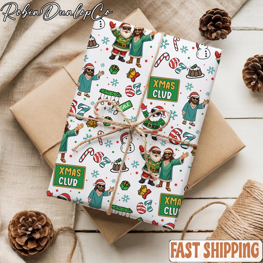 Santa and Jesus Six Seven 67 Wrapping Paper, Funny Gift Wrap for ...
