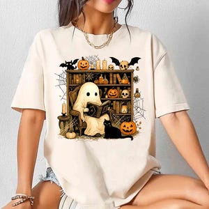 Retro Ghost Reading Books Shirt, Librarian Ghost Halloween Shirt, Halloween Teacher Shirt, Halloween Shirt, Teacher Gift,  School Shirt