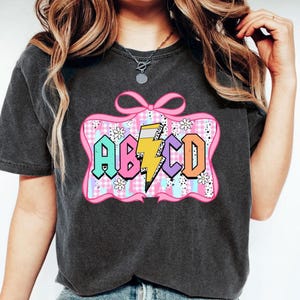 Abcd Teacher Shirt, Coquette Bow Shirt, Kindergarten Teacher Shirt, Back To School Shirt, Elementary School, Checkered, Pencil Lightning