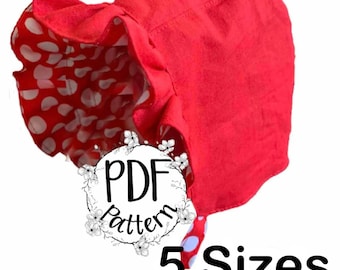 Child's sun bonnet sewing pattern PDF. Tutorial baby peaked helmet, reversible summer hat or winter hat, 5 sizes and 3 styles included.