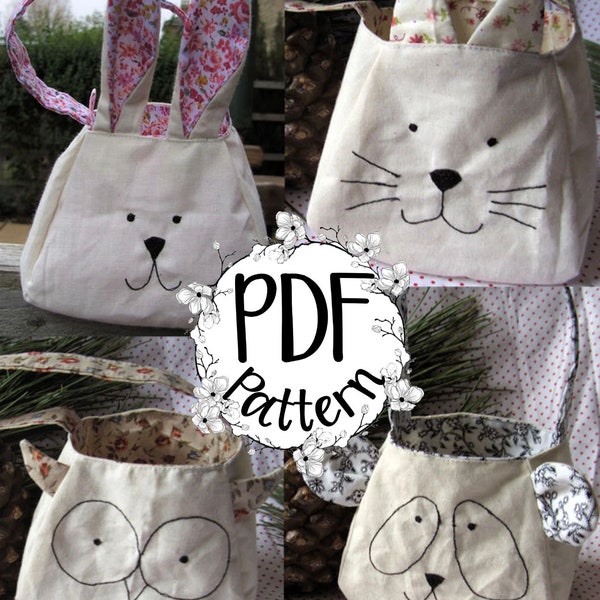 Bunny and Animal bag PDF Sewing Pattern, Rabbit, cat, panda, owl, purse sewing tutorial, instant download, gift bag. Each animal included.