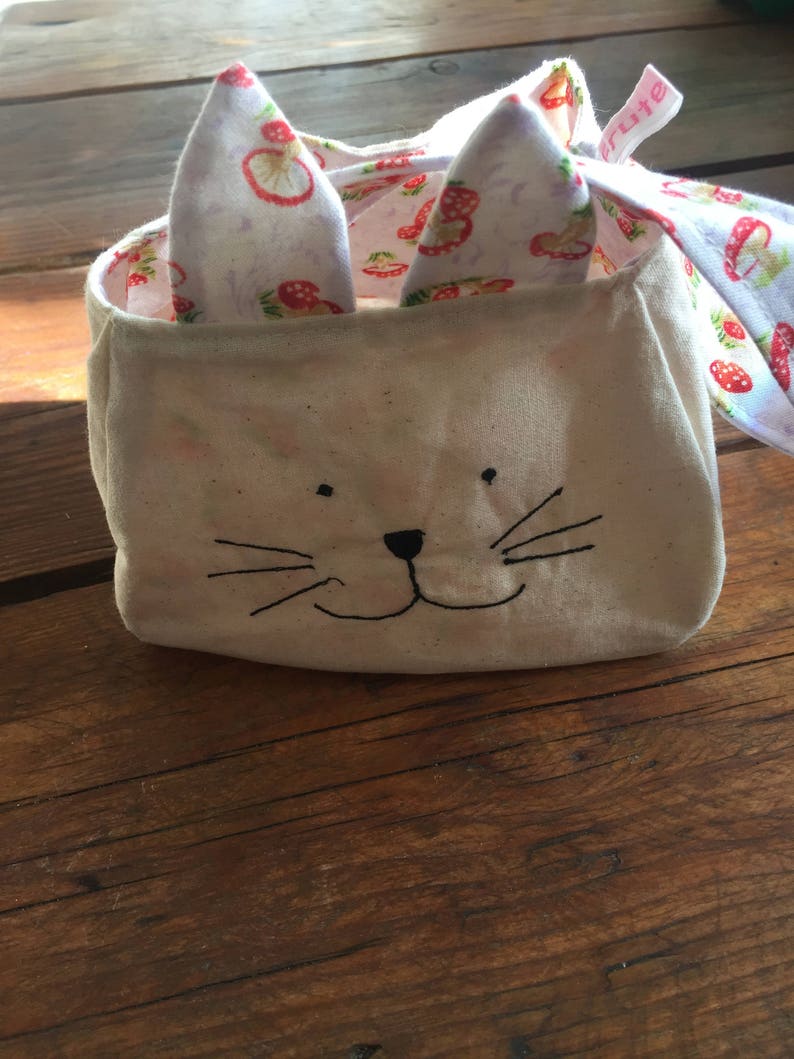 animal gift bag freemotion sewn printed cotton lining gift bag Kitty Cat Bag purse animal bag custom bag cat tote Easter egg bag,