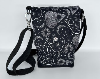 Small cross body bag, heart and moon fabric with wipeable lining, Inside and outside pockets, Black thread and adjustable strap