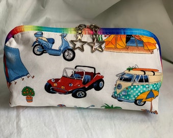 Essential Oil Pouch. Oil carry bag, large oil purse, rainbow zip, VW Bus, Holiday fabric, clutch bag oil purse, oil carrier, make up bag