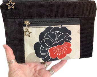 Black Floral Zipper pouch, black cotton pocket linings, corduroy handbag, matching black zippers with star pulls