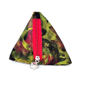 Dnd Dice Bag, triangle pouch, D20 die carrier, organic cotton dragon fabric, Role Play game bag, gift for DnD player.