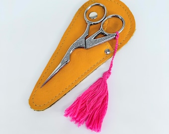 Yellow Leather Embroidery Scissor Case, scissor keeper, small scissor holster, genuine leather, scissor holder, leather scissor sheath.