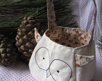 Owl Bag printed cotton lining and ears, easter gift, custom gift bag, freemotion sewn features purse, animal bag, woodland owl bag,
