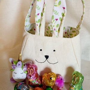 Bunny Rabbit bag, cotton lining and ears, fabric basket, freemotion sewn bunny purse, animal gift bag