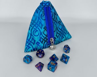 Dice Bag triangle pouch, D20 die carrier, organic cotton Celtic fabric, Role Play game bag. Dice goblin present.