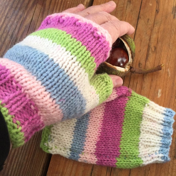 Fingerless gloves multi colour, knitted handwarmers, candy coloured yarn, woollen mitts, colourful gloves, ready to ship, hand knitted