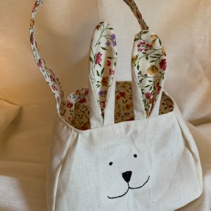 Bunny Rabbit bag, cotton lining and ears, fabric basket, freemotion sewn bunny purse, animal gift bag