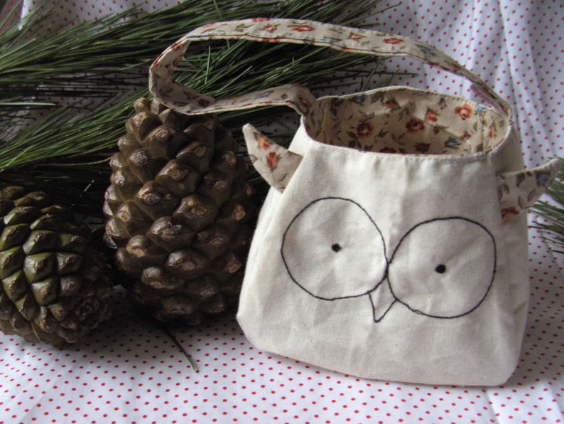 Owl Bag printed cotton lining and ears, custom gift bag, freemotion sewn features purse, animal bag, woodland owl bag,