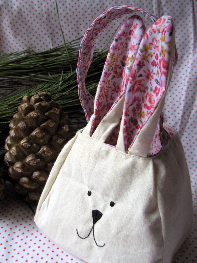 Bunny Rabbit bag, cotton lining and ears, fabric basket, freemotion sewn bunny purse, animal gift bag