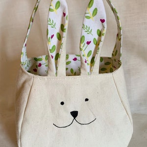 Bunny Rabbit bag, cotton lining and ears, fabric basket, freemotion sewn bunny purse, animal gift bag