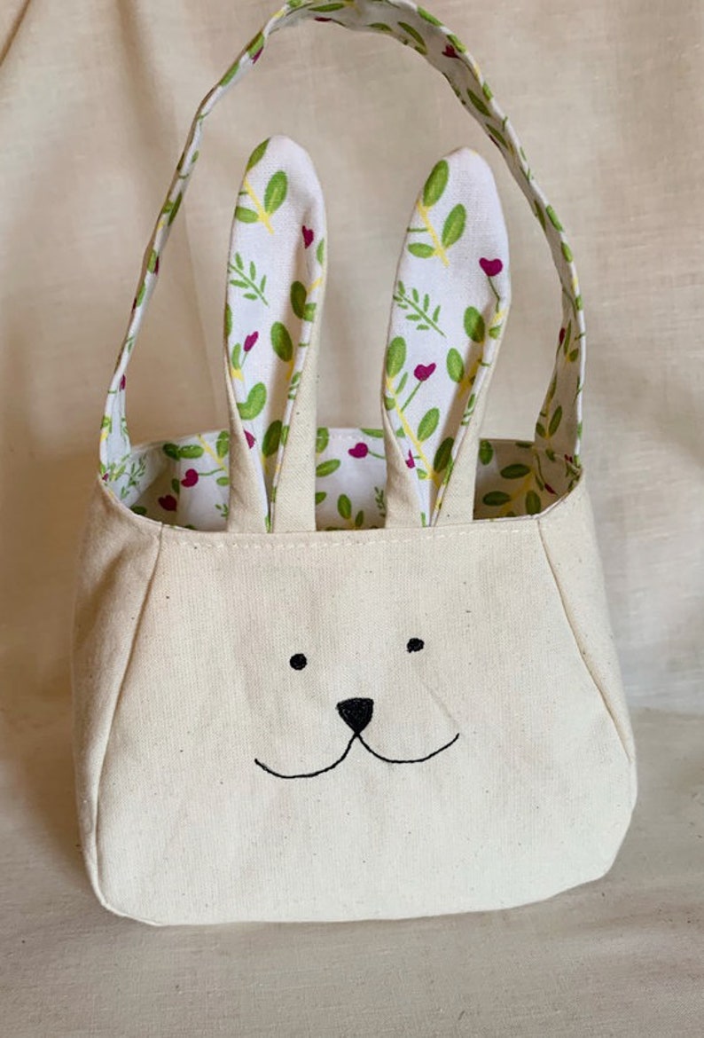 Bunny Rabbit bag, cotton lining and ears, fabric basket, freemotion sewn bunny purse, animal gift bag