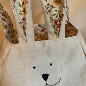 Bunny Rabbit bag, cotton lining and ears, fabric basket, freemotion sewn bunny purse, animal gift bag