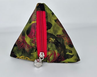 Dice Bag triangle pouch, D20 die carrier, organic cotton dragon fabric, Role Play game bag.