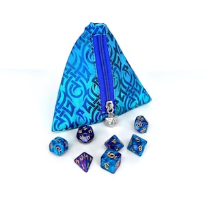 Dnd Dice Bag triangle pouch, D20 die carrier, organic cotton Celtic fabric, Role Play game bag. Dice goblin present. Gift for larp player.