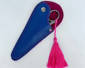 Leather Scissor Case scissor keeper, small scissor case, Blue and pink up cycled genuine leather, riveted scissor holder, scissor sheath.