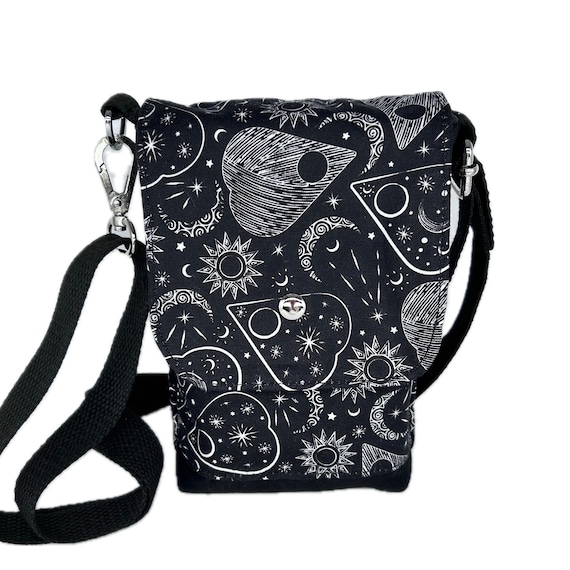 Small cross body bag, heart and moon fabric with wipeable lining, Inside  and outside pockets, Black thread and adjustable strap