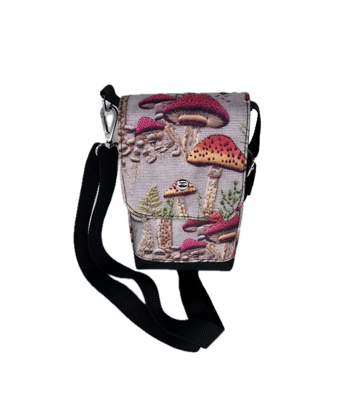 Mushroom Cross Body Bag Small With Adjustable Strap Fully Lined With Wipeable Fabric Inside and Outside Pockets Black Poly Thread. Etsy