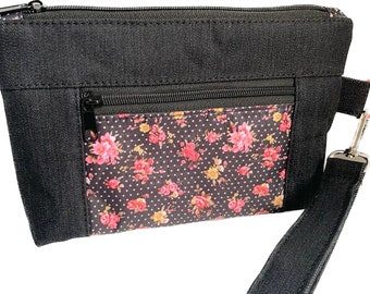 Black Denim zipper pouch, floral centre accent handbag, matching lining interior of pouch and front pocket, black zips floral ripstop fabric