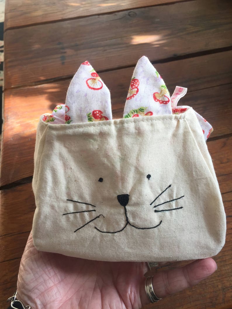 animal gift bag freemotion sewn printed cotton lining gift bag Kitty Cat Bag purse animal bag custom bag cat tote Easter egg bag,