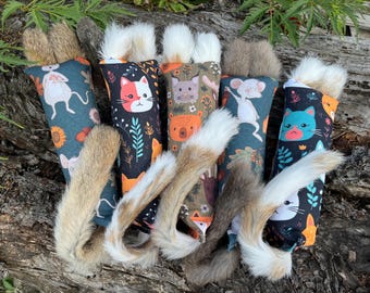 Rabbit fur kicker toy for cats with printed dogwood denim