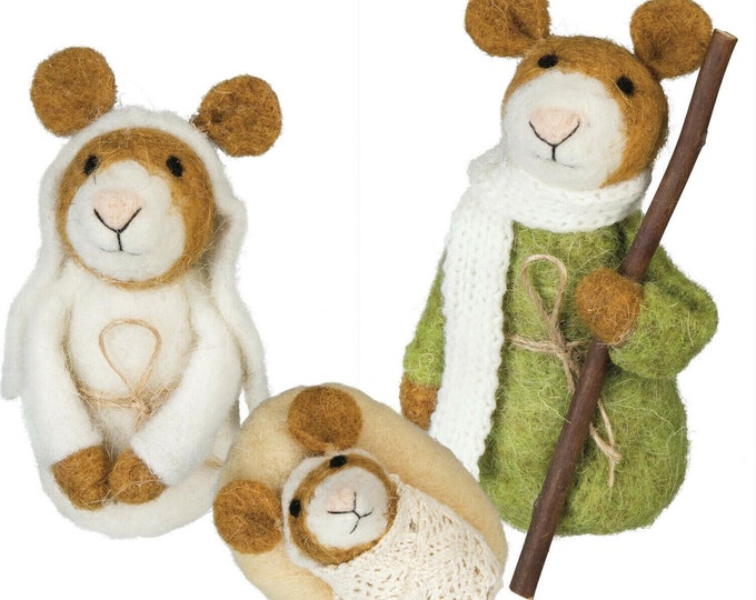 Primitive Style Christmas Felt Stuffed Mice Mouse Nativity Set of 3