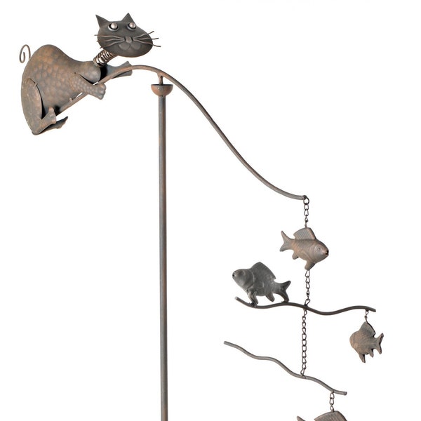 Metal Kitty Cat with Fish Balancer Rocker Yard Stake Wind Spinner Whirly-Gig Windmill Garden Art