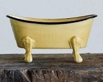 Vintage-Style Enamel Mini Bathtub Soap Dish Sponge Holder Light Yellow Black Rim