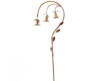 Metal Gold Color Triple Flower Verdi Bell Wind Chime Stake Yard Garden Flowerbed Art