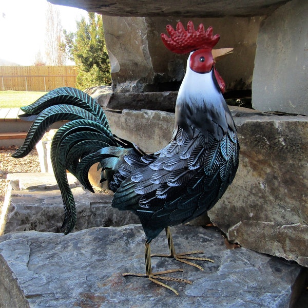 Country Rustic 21" Tall Blue-Green & Black Metal Rooster Chicken Yard Art Farm Barnyard