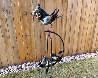 Rocking Kinetic Metal Triple Owl Yard Stake Balanced Wind Spinner Whirly-Gig Garden Art