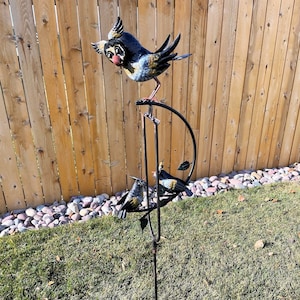 Rocking Kinetic Metal Triple Owl Yard Stake Balanced Wind Spinner Whirly-Gig Garden Art