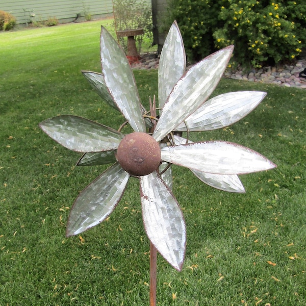 Galvanized Rustic Metal Double Spinner Petal Blades Yard Garden Stake Windmill Whirly-Gig