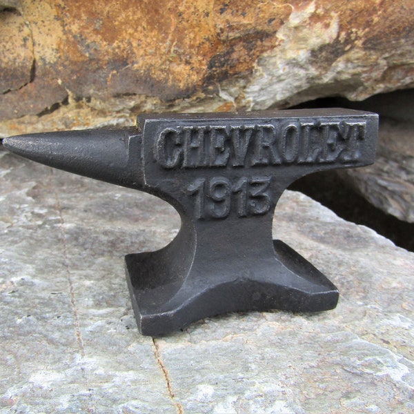 Small Mini Rustic Raised Letter Chevrolet 1913 4.75" Cast Iron Anvil Jeweler Paperweight Salesman Sample