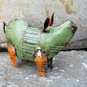 Rustic Small 6.5" Tall Repurposed Recycled Scrap Metal Pig Statue Home Farm Garden