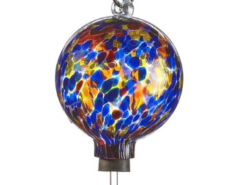 Hummingbird Feeder 5" Round Orb Hand Blown Blue and Orange Marbled Dots