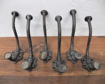 Lot of 6 Antique Style Spiral Twist Ornate Cast Iron Coat Hat Hooks Hangers