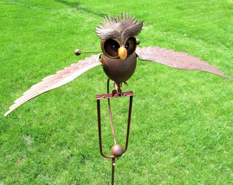 Kinetic Metal Brown Owl Yard Stake Wind Spinner Rocker Rocking Whirly-Gig Garden Art