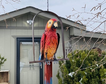 Hanging Whimsical Rustic Metal Swinging Macaw Parrot Tropical Bird On Chain Yard Garden Art