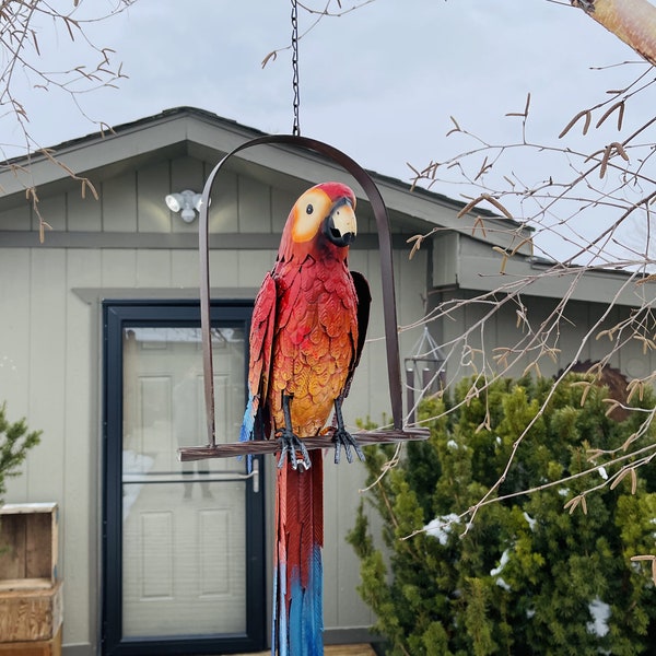 Hanging Whimsical Rustic Metal Swinging Macaw Parrot Tropical Bird On Chain Yard Garden Art