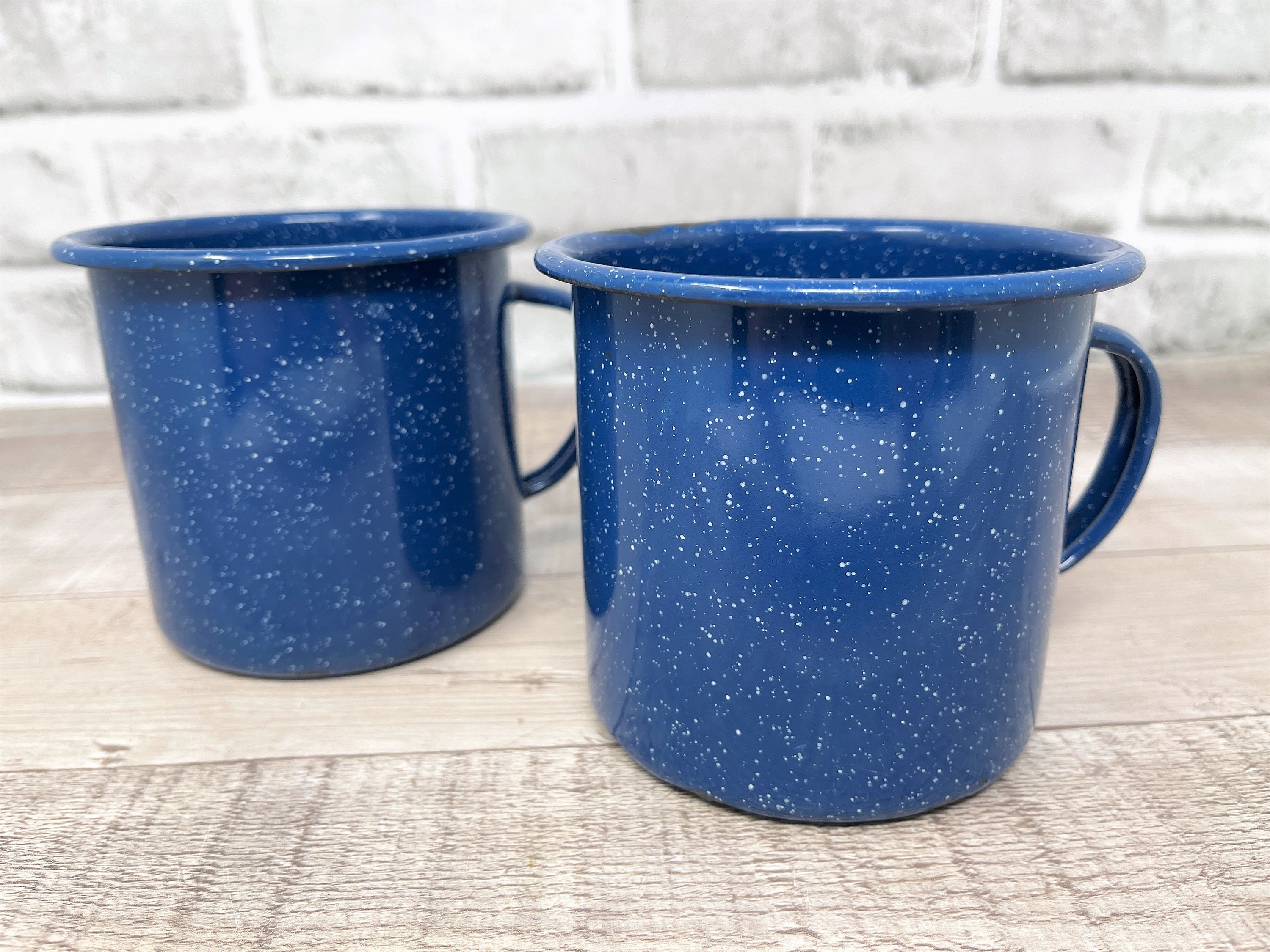 2 Enamel Ware Blue Speckled Metal Coffee Mugs Cup Cabin Camping Farmhouse