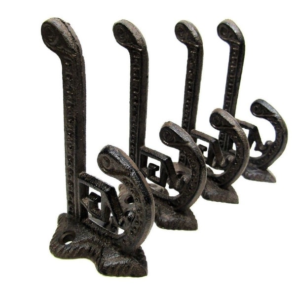 Set of 4 Antique Style Rustic Cast Iron Victorian Eastlake School Coat Hooks Hardware