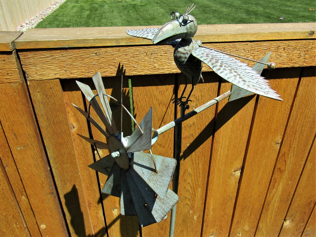 Whimsical Wing Metal Bird W/glasses Yard Stake Wind Spinner
