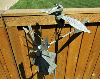 Whimsical Wing Kinetic Metal Bird w/Glasses Yard Stake Wind Spinner Whirly-Gig Windmill Garden Art Bird