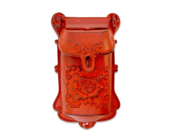 Solid Cast Iron Locking House Hanging Post Mailbox Distressed Red Vintage Style Farmhouse Decor