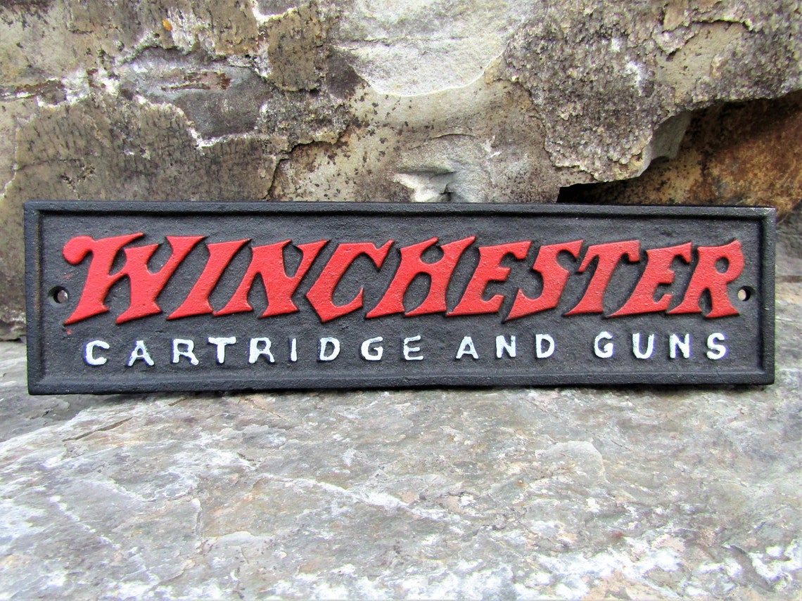 New Rustic Cast Iron Winchester Cartridge And Guns Sign Plaque Etsy
